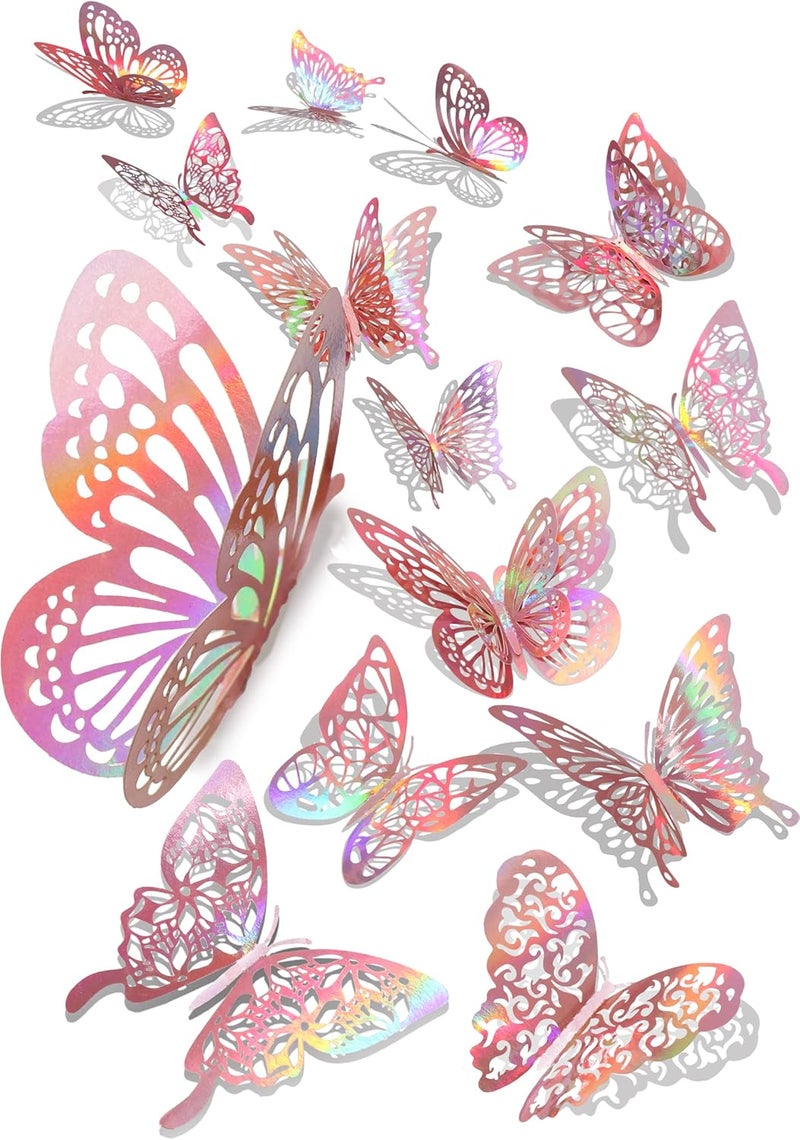 DELEMI 60 Pcs 3D Butterfly Wall Decor Stickers Iridescent Rose Gold Decorations Party, Holographic Butterflies Decor Butterfly Decals for Bedroom Classroom Wedding Decor DIY Gift - Image 1